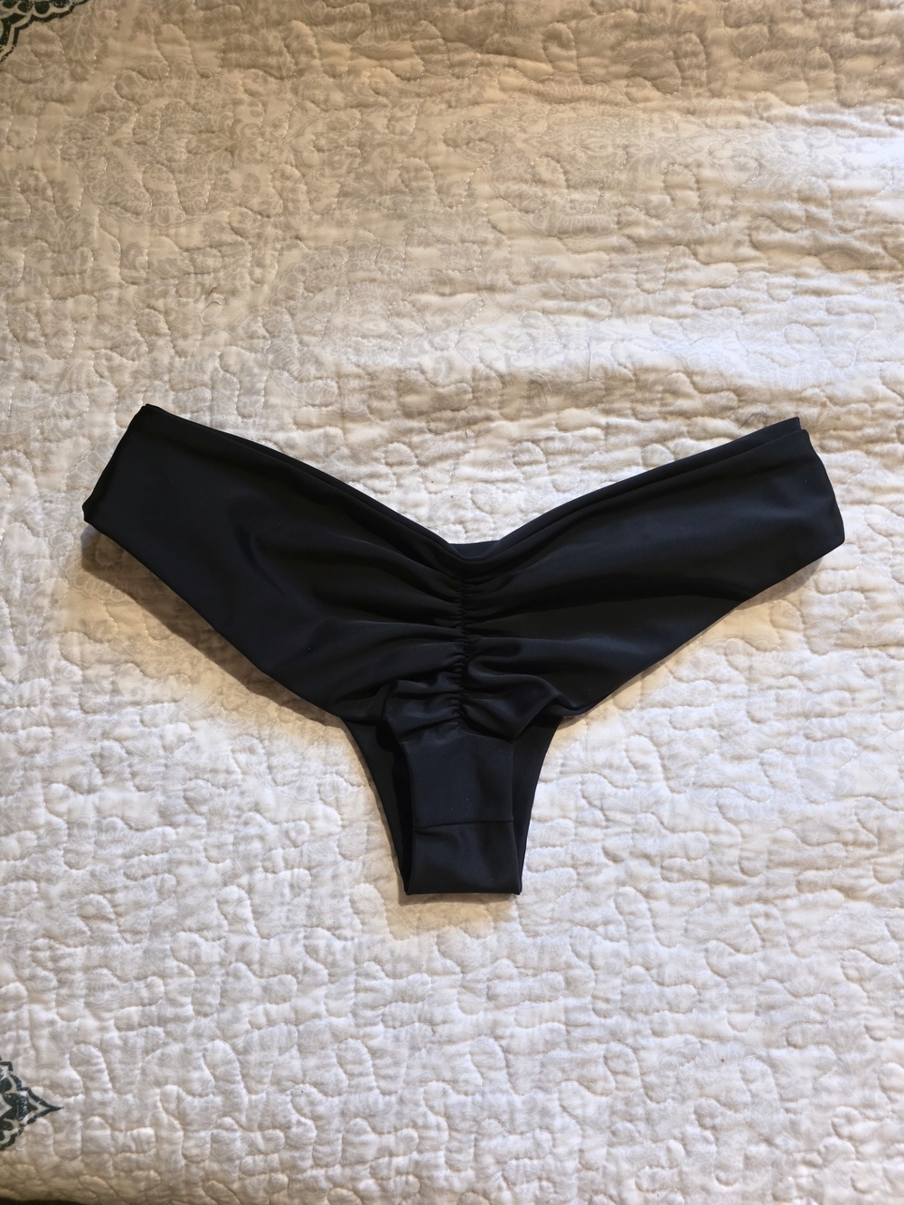 Black Ruched Cheeky Thong Bikini Bottom